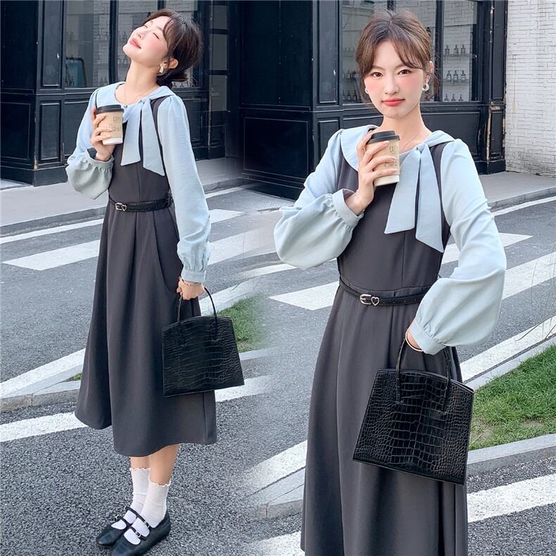 2026春装新款气质假两件收腰显瘦学院风连衣裙女送皮带，女装连衣裙，时尚风爆