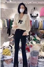 气质款配黑色蝴蝶结花边V领小衫，其它，L·H·X