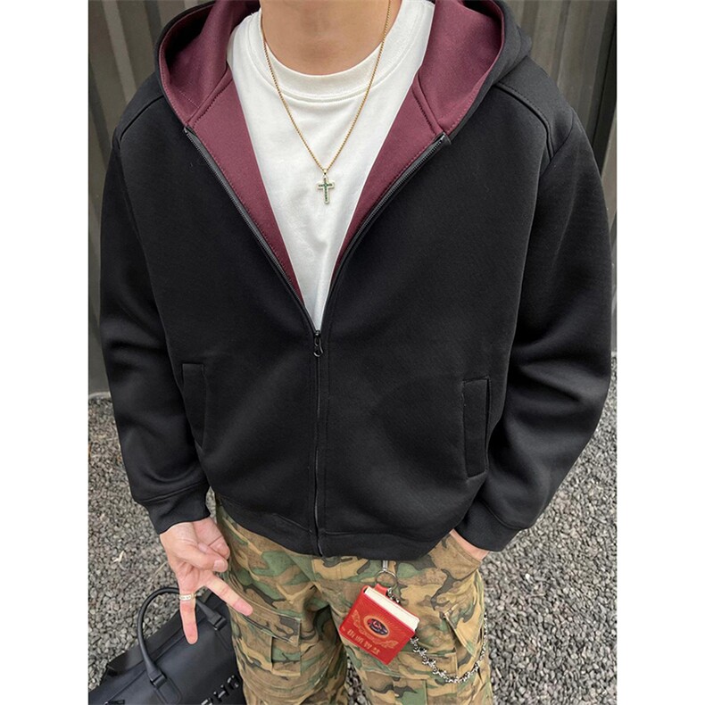 重磅高品质硬挺boxy26春装美式高街结构撞色拼接连帽卫衣开衫外套图片