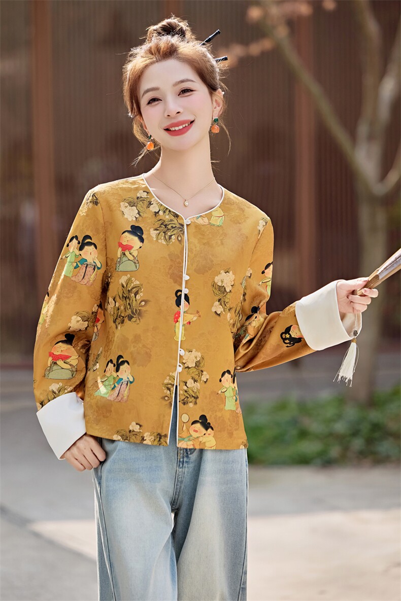 水衣源2712款缎面提花印花料新中式短款坠感超仙外套女,女装短外套,水衣源