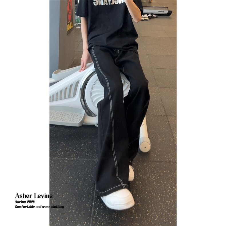 网图现货辑明线轮廓设计黑色牛仔裤男女同款阔腿直筒裤RB924-P58,男装牛仔裤,星座1005-4