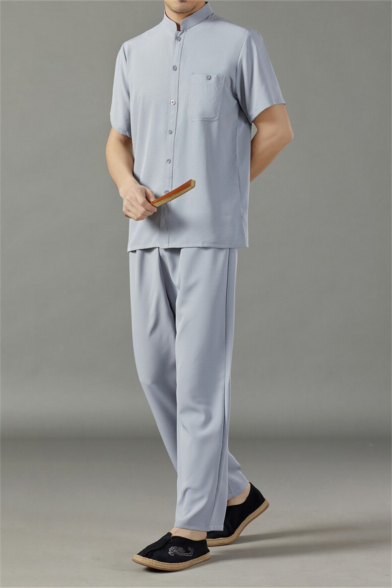 中老年风唐装冰丝短袖衬衫套装男士夏装宽松立领爷爷衣服套装,男装中老年男装,钱塘723