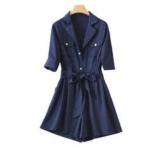 藏青工装连体裤女2021年夏季新款小个子绑带高腰显瘦阔腿连衣短裤，女装连体裤，艾乐芳