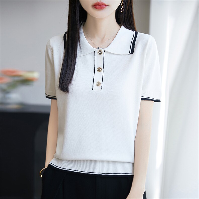 polo领拼色短袖2025夏季新款减龄t恤女士洋气别致上衣服,女装T恤,广悦羊绒