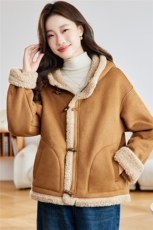 2025冬季时尚简约大方气质优雅显瘦休闲百搭潮流皮毛一体外套，女装羊羔毛/颗粒绒，独衣靓