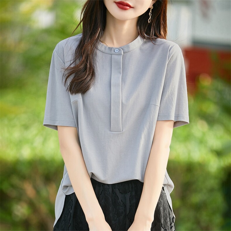 天丝棉麻立领短袖衬衫女夏季新款简约纯色百搭半开领半袖宽松上衣,女装衬衫,臻维羊绒