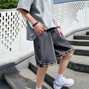 ins情侣宽松格子翻边夏季薄款五分裤子牛仔短裤男 A125-DK16-P38图片