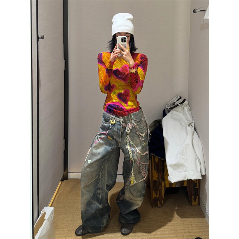 美式复古链条印花牛仔裤女春夏新款设计感宽松直筒阔腿拖地长裤潮,男装牛仔裤,四季星座505