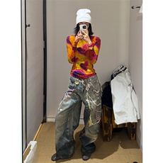 美式复古链条印花牛仔裤女春夏新款设计感宽松直筒阔腿拖地长裤潮，男装牛仔裤，四季星座505