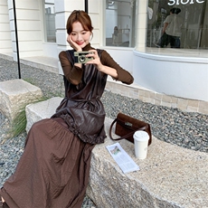 法式复古气质休闲连衣裙套装女秋季2025新款打底衫背心皮裙两件套，女装套装/套裙，橙子家