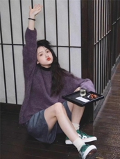 复古气质紫色毛衣外套宽松慵懒圆领长袖套头针织打底衫内搭，女装针织衫/毛衣，半城羊绒