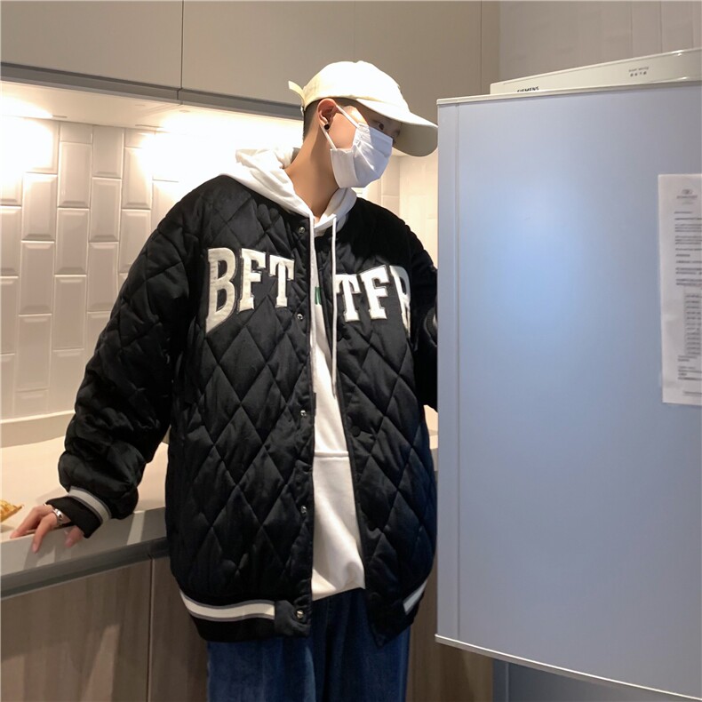 菱形格绒面情侣棒球服男女潮牌棉衣冬季外套韩版宽松加厚帅气棉服,男装棉衣,星座1013
