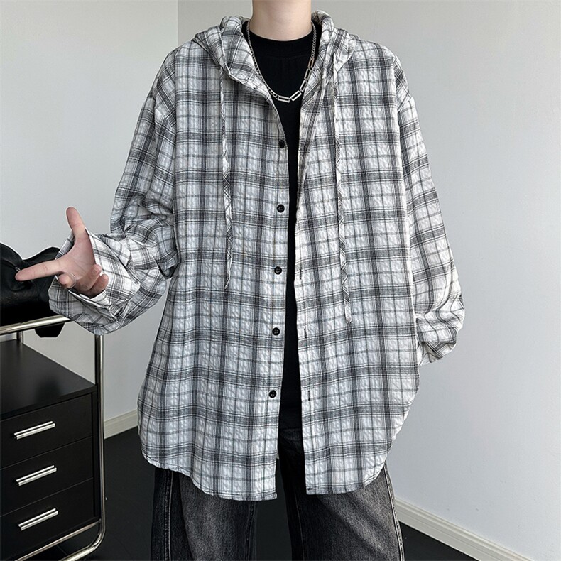 廓形防晒衬衫男夏季长袖冰丝薄款亚麻格子衬衣开衫外套CS29006P48,男装衬衫,电商B312