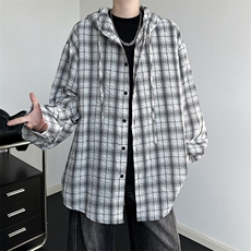 廓形防晒衬衫男夏季长袖冰丝薄款亚麻格子衬衣开衫外套CS29006P48，男装衬衫，电商B312