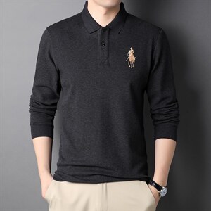 男秋季新款纯色翻领t恤商务休闲简约长袖中年打底上衣DS8282-P80，男装T恤，电商B212（原钱塘6029）