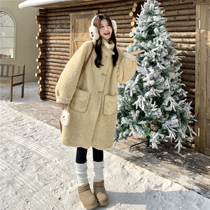 黄色羊羔毛厚外套女秋冬2026新款韩系宽松中长款皮毛一体毛绒大衣图片
