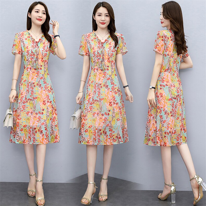 2021年夏季新款雪纺连衣裙长款印花连衣裙，女装连衣裙，欣贝拉