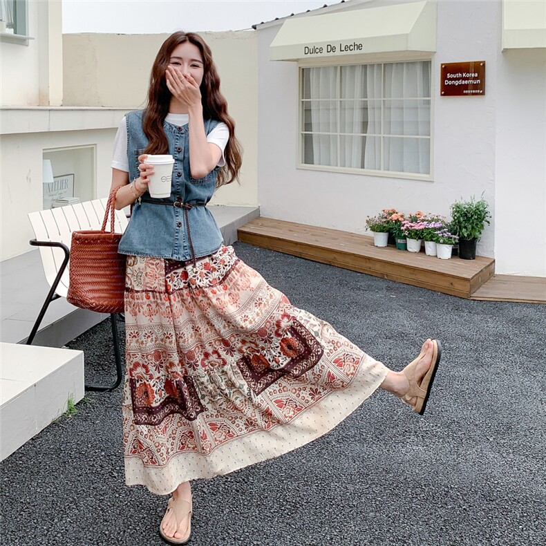 小众复古一整套女2025夏季新款设计感牛仔马甲民族风半身裙两件套,女装套装/套裙,1C130