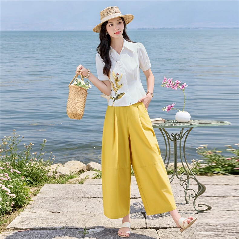 轻熟风时尚小翻领衬衫套装女2026夏气质印花上衣休闲裤两件套,女装套装/套裙,水衣源