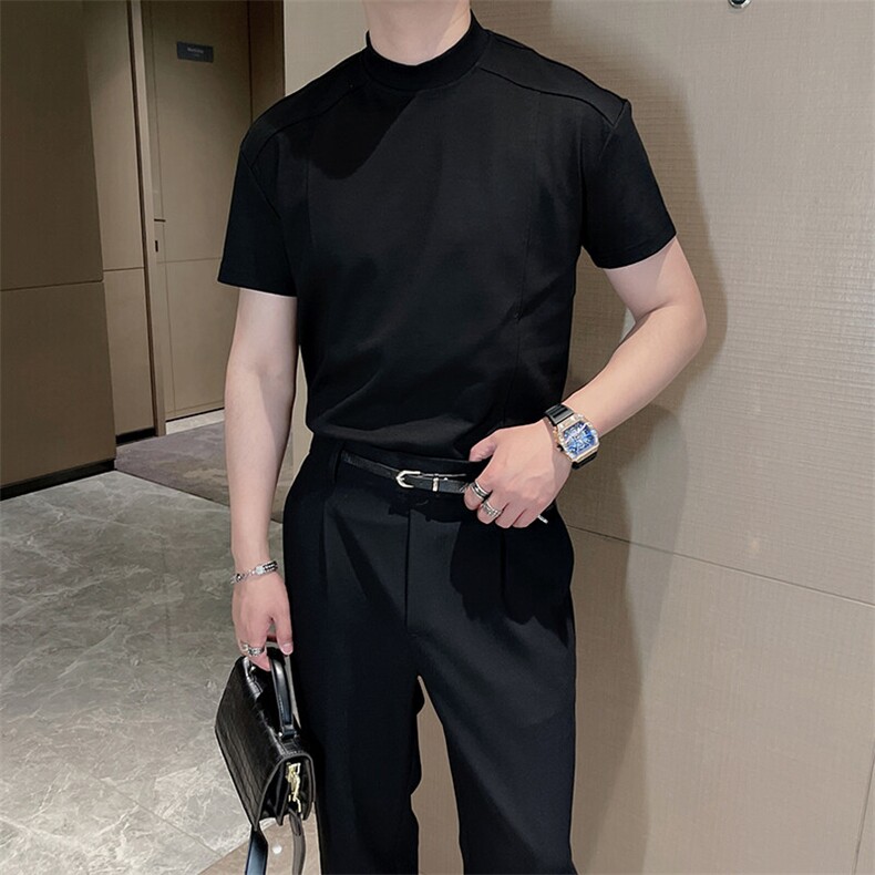 王嘉尔同款夏季简约立领高级爆袖修身短袖T恤男上衣半袖TX1255P37图片