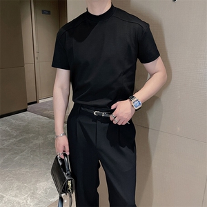 王嘉尔同款夏季简约立领高级爆袖修身短袖T恤男上衣半袖TX1255P37图片