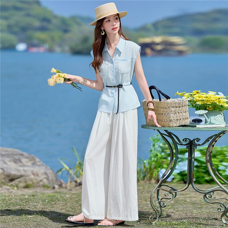 2026年夏季新款马卡龙色上衣阔腿裤两件套休闲套装女,女装套装/套裙,依路服饰