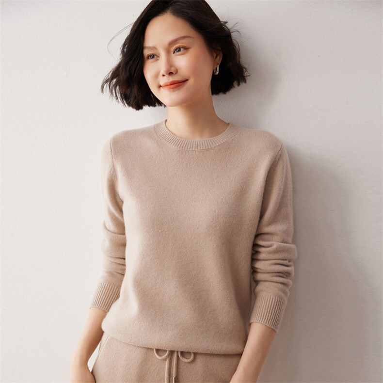 秋冬新款洋气时尚百搭显瘦女款圆领山羊绒衫,女装羊绒衫,艾巧羊绒