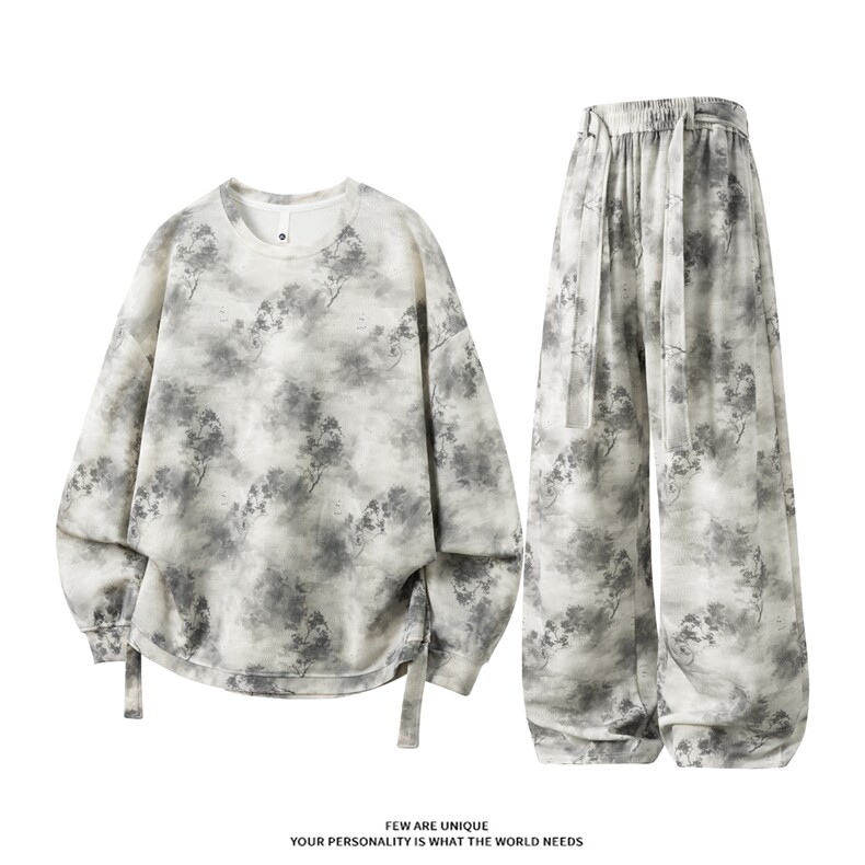 时尚山水印花飘带设计休闲运动套装情侣百搭卫衣长裤TZ820-P68，男装休闲套装，电商A006