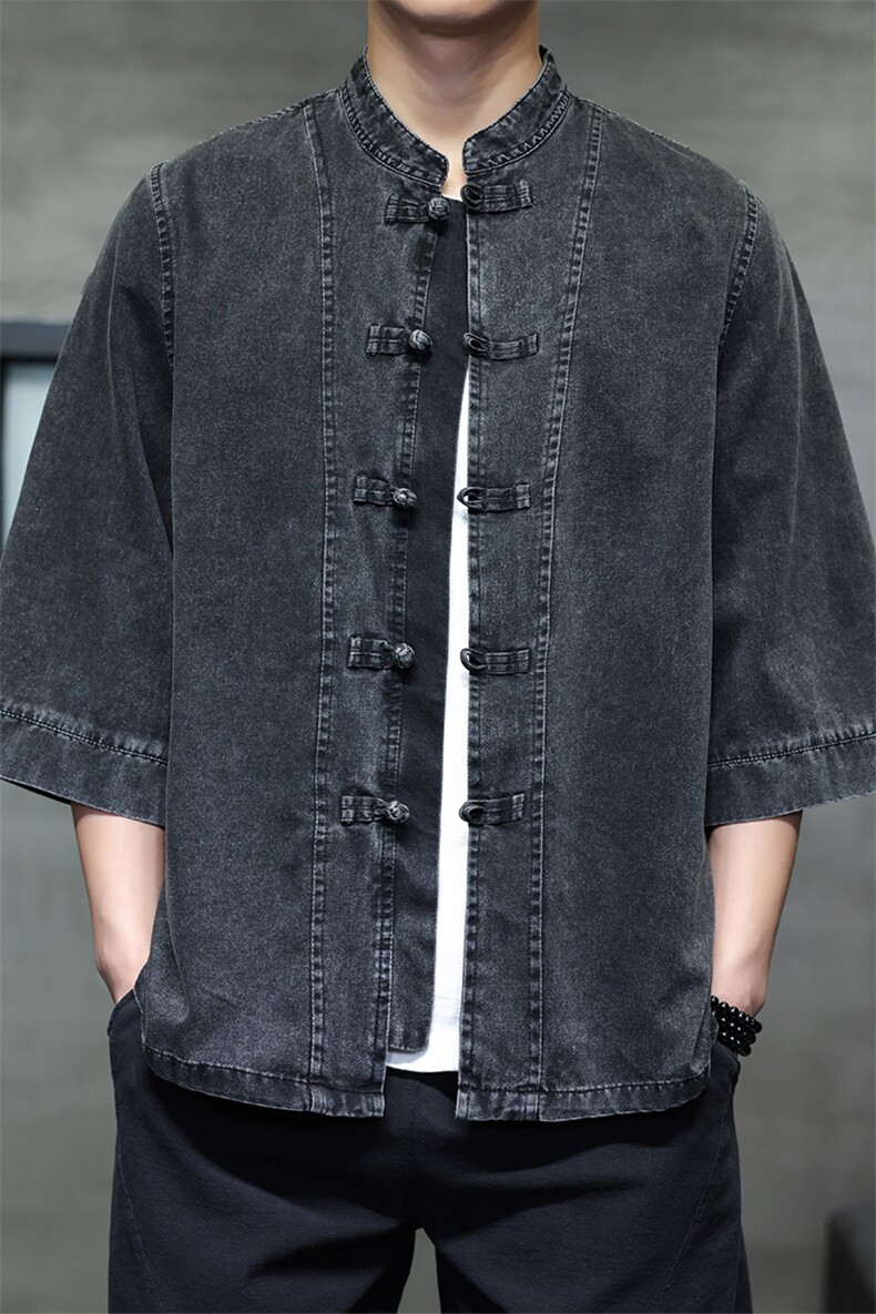 夏季牛仔七分袖衬衫盘扣立领上衣宽松大码男休闲CS2504-P7088,男装衬衫,电商A008