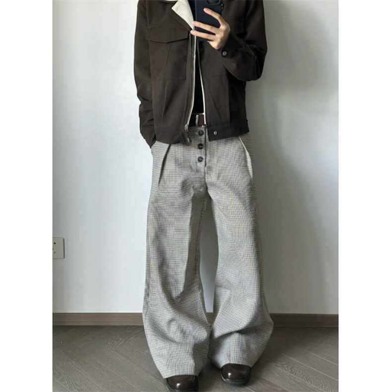 千鸟格复合打褶排扣a字阔腿西裤老钱风cleanfit通勤百搭X392,男装西裤,星座1116A（原606A-3）