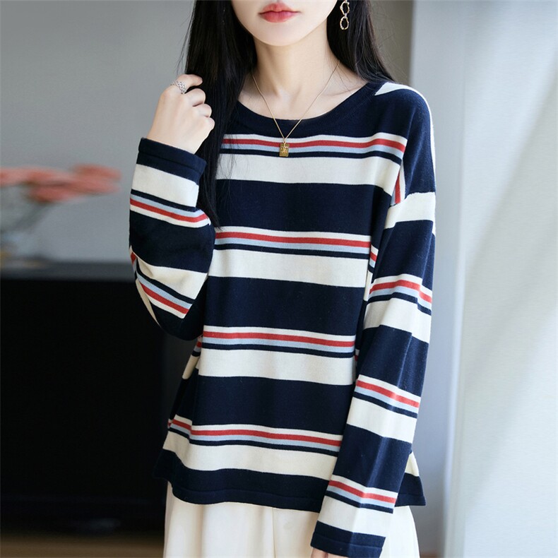 法式复古条纹针织毛衣女2025春秋新款宽松显瘦精纺毛打底毛衫上衣,针织衫/毛衣,唐诺