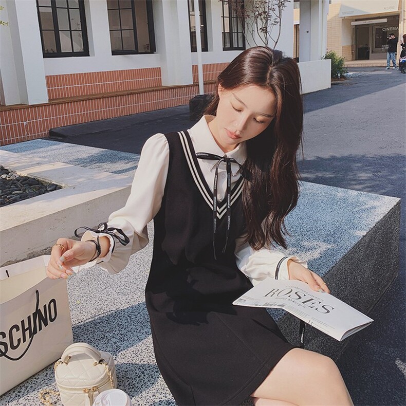 韩系穿搭假两件连衣裙女2024秋季新款学院风甜美减龄显瘦衬衫裙子,女装连衣裙,浙宝189