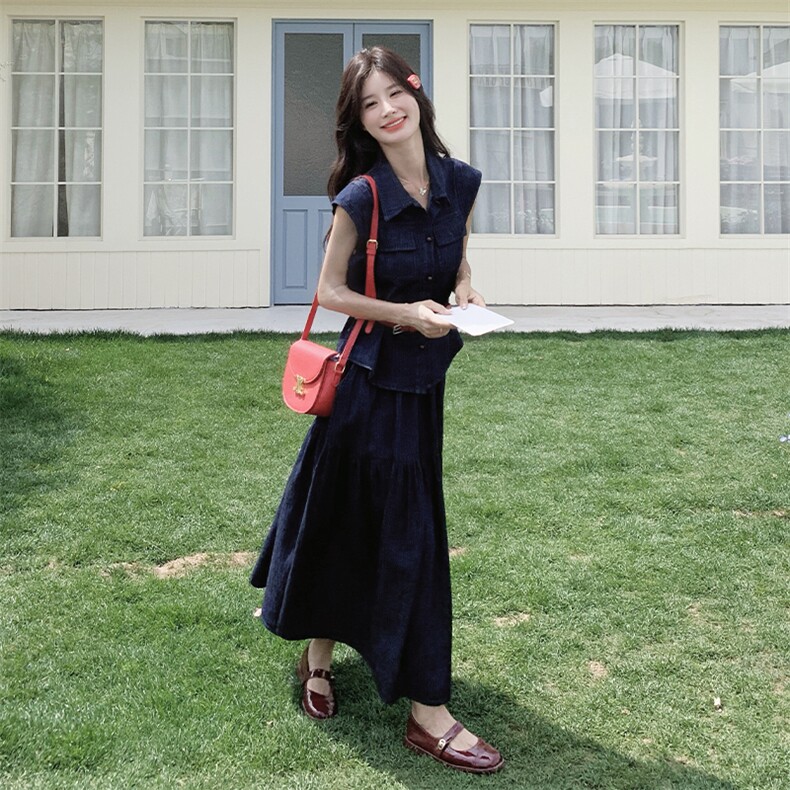 牛仔套装裙女2025夏季新款时尚减龄复古洋气无袖衬衫半身裙两件套,女装套装/套裙,2C269