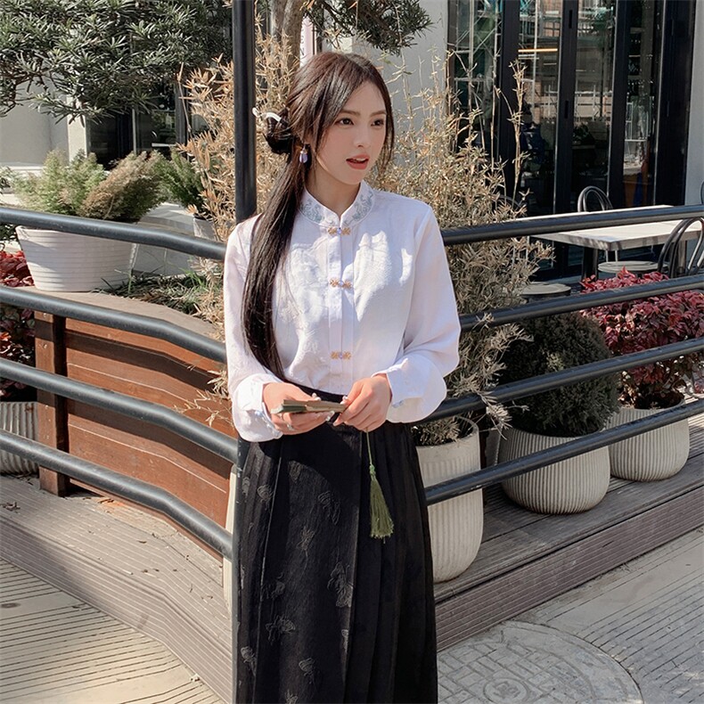 优雅新中式立领提花衬衫修身显瘦长袖上衣搭配高腰马面裙,女装衬衫,诺蝶