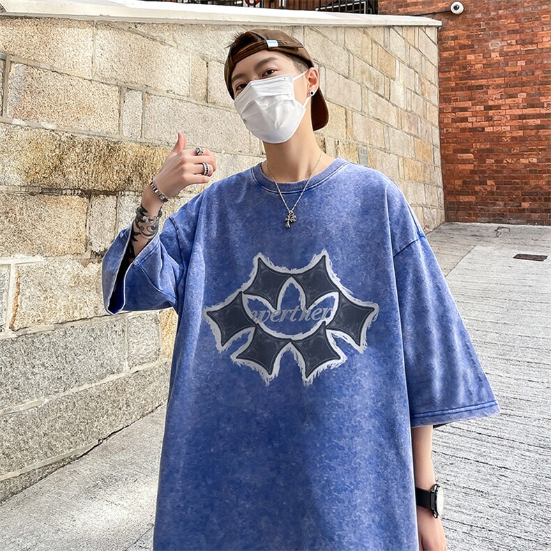 美式几何图案印花复古水洗做旧半袖重磅短袖T恤B239-1136-P38,男装T恤,星座514-2(原B239)