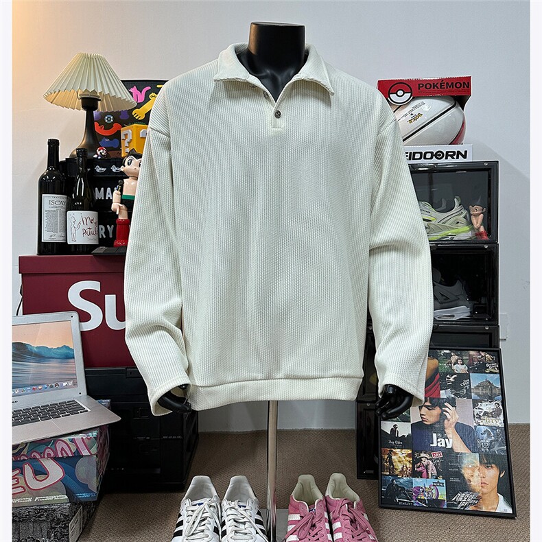 假模图肌理感坑条POLO衫男简约卫衣宽松潮流长袖外套2026春装P48，男装Polo衫，电商C306-1