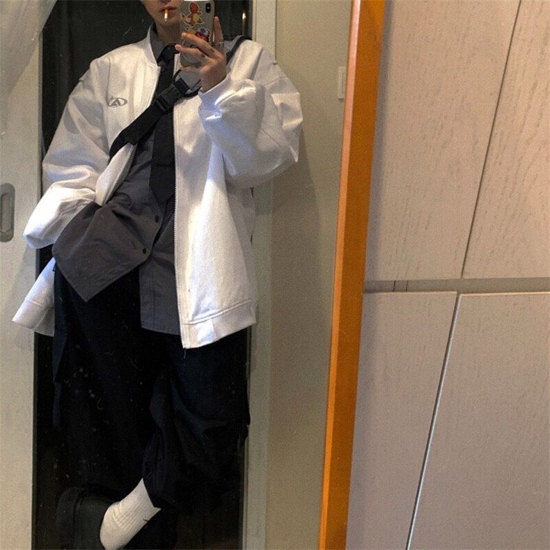 全黑廓形大版外套复古水洗全棉万针刺绣防风衣,男装夹克,星座506A