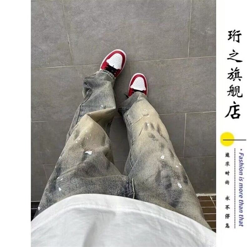 水洗脏染泼墨牛仔裤男潮牌美式高街直筒弯刀微喇裤YG743-P48,男装牛仔裤,星座1001-1