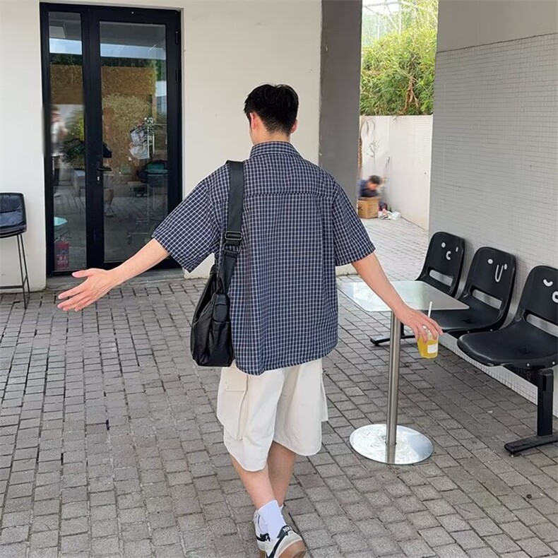 夏季青少年格子短袖衬衫男女生2025新款日系复古百搭宽松休闲衬衣,男装T恤,星座1210-1
