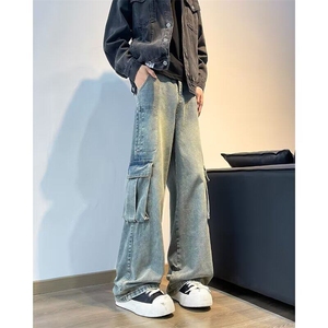 大口袋工装牛仔裤男春季阔腿裤水洗做旧宽松直筒裤子RK2474-P51图片