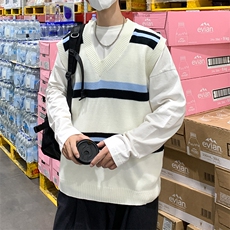 针织背心男韩版潮流条纹帅气2023秋冬季新款ins宽松毛衣W3589-P30，男装针织衫/毛衣，星座412-3