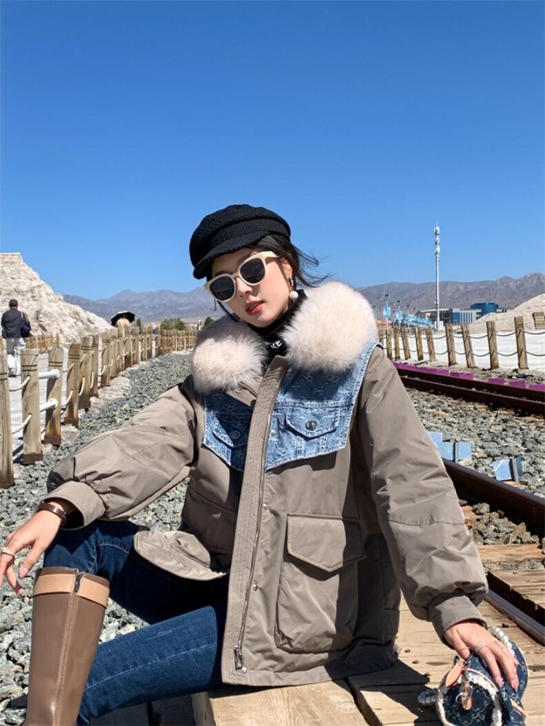 『现货』牛仔拼接派克羽绒服可拆卸，女装羽绒服，百妹仟红