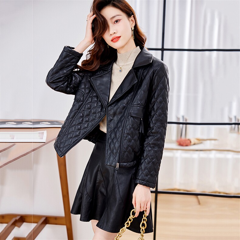 咖色菱形格皮衣外套女2022年秋冬新款欧洲站加绒加厚西装领PU夹克,女装皮衣,江南女神
