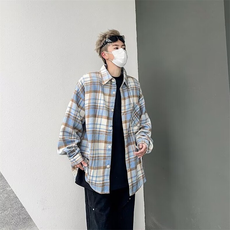 格子衬衫男长袖潮牌痞帅上衣ins港风日系衬衣潮流外套C2666-p40,男装衬衫,星座1008-2