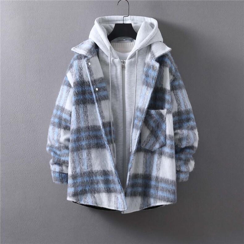 毛呢格子加厚假两件休闲连帽棉衣外套XZ402-2P88控118MY2409货足图片