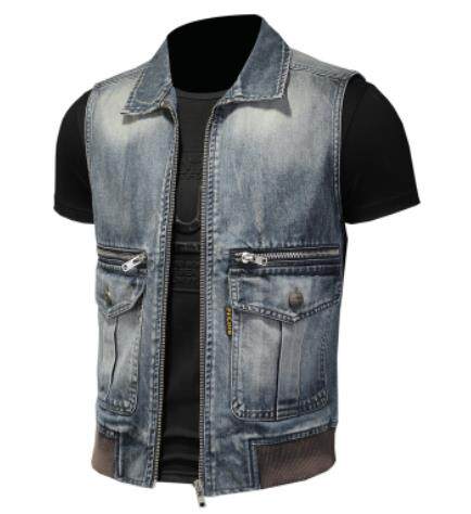 20秋季新品欧美风复古大口袋拉链翻领牛仔马甲男生潮流坎肩背心，男装夹克，钱塘730-1