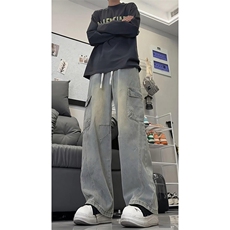解构拼接弯刀牛仔裤男2025秋季新款美式阔腿裤子-A2221TP55，男装牛仔裤，电商B241