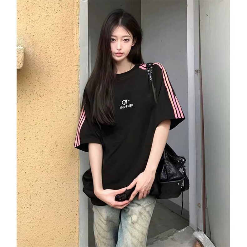抖音得物品质二开240克宽松纯棉美式潮牌印花三条杠中性风短袖T恤,男装T恤,电商A486