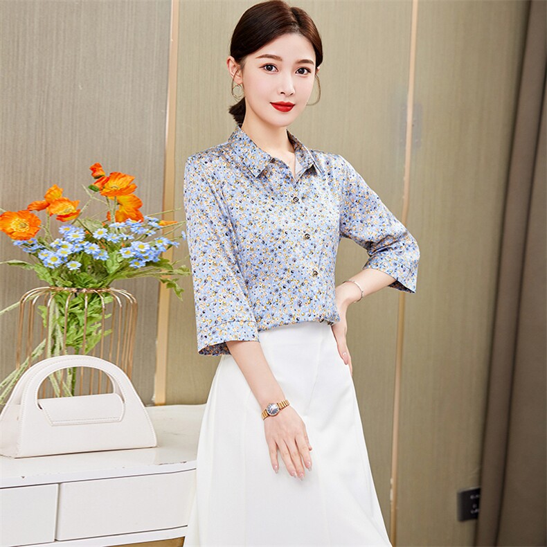 2023年夏季新款碎花中袖时尚高端精品百搭真丝衬衣,女装衬衫,媚琳依坊