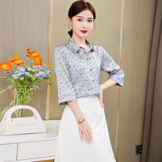 2023年夏季新款碎花中袖时尚高端精品百搭真丝衬衣，女装衬衫，媚琳依坊